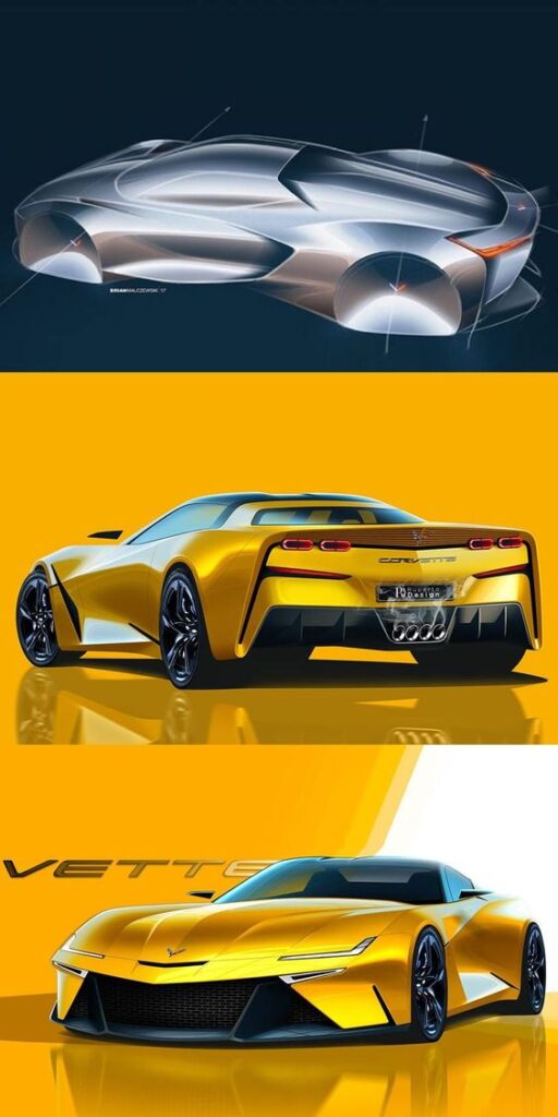 Futuristic sports car concept sketches showcasing sleek, aerodynamic design in metallic and yellow color schemes.