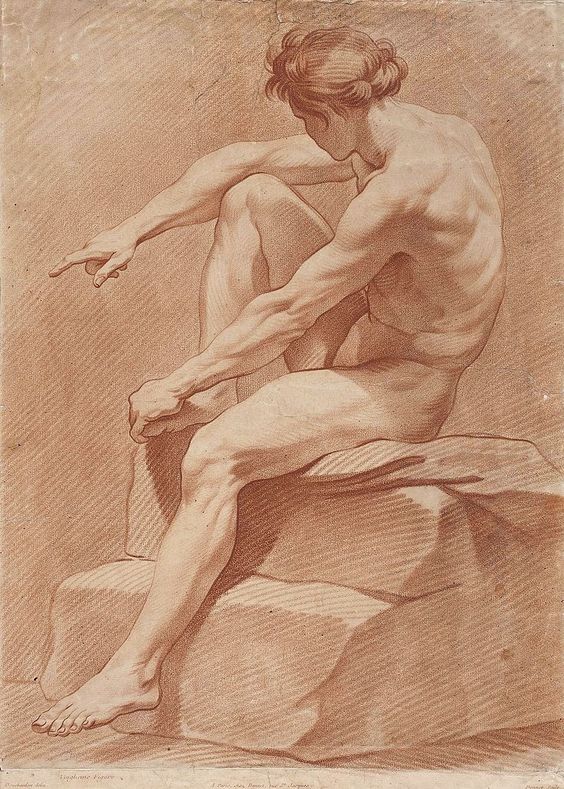 Classical sketch of a seated nude male figure, facing away, pointing to the left, showcasing fine anatomical details.