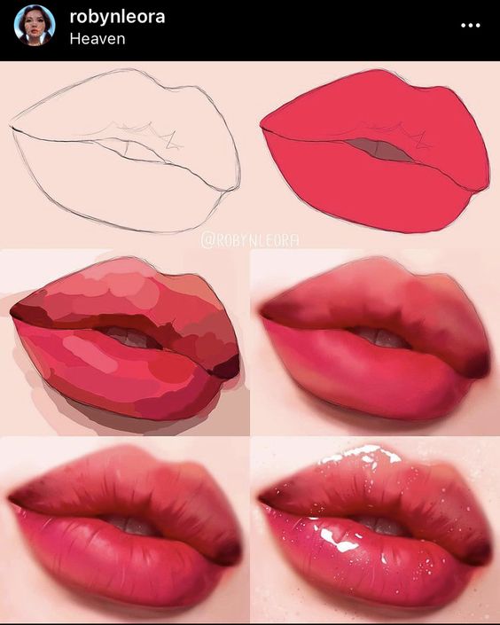 Step-by-step digital painting process of realistic red lips, from sketch to final glossy finish.