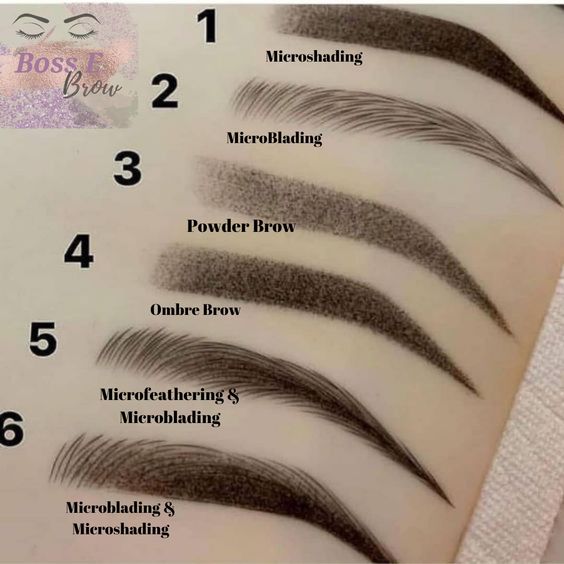 Different eyebrow styling techniques illustrated: microshading, microblading, powder brow, ombre brow, and combinations.