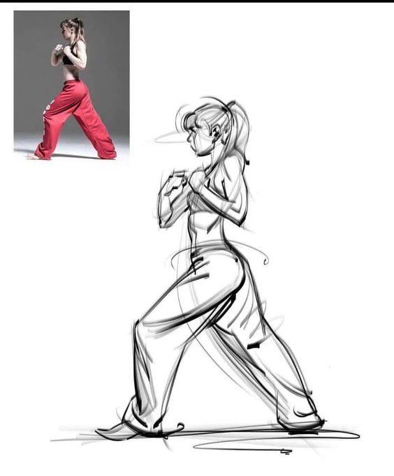 A woman in red pants and black sports bra posing in a fighting stance with a detailed sketch of her stance beside.
