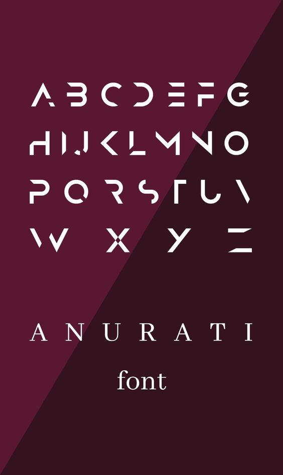 Anurati modern geometric font alphabet on a purple gradient background, showcasing uppercase letters from A to Z.