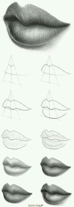 Step-by-step drawing tutorial of realistic lips, showcasing the progression from basic shapes to detailed shaded lips.