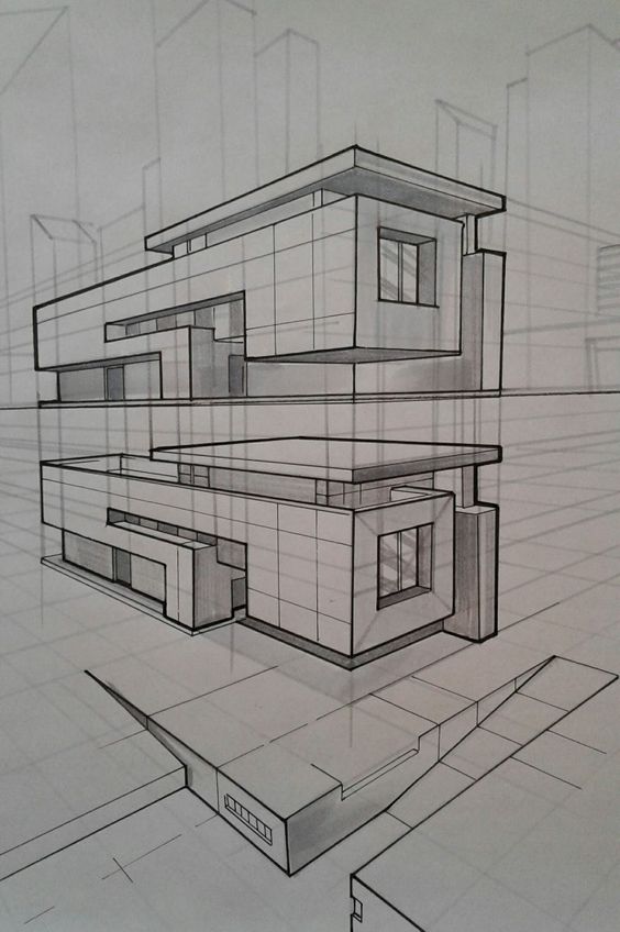 A black and white architectural sketch of a modern, rectangular building with large windows. The background includes faint outlines of other structures.