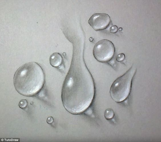 Realistic pencil sketch of water droplets on a surface, showcasing impressive shading and detail in the reflections.
