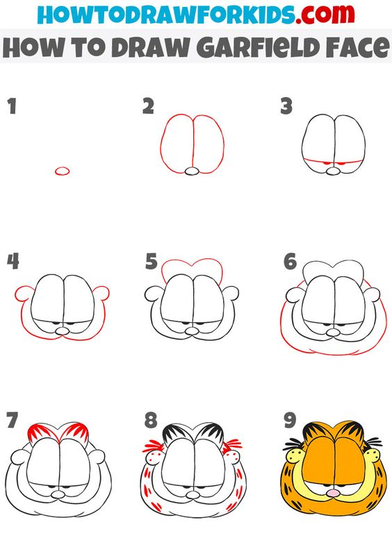 Step by step Garfield face drawing tutorial for kids.