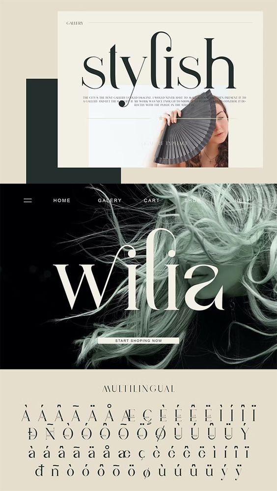 Stylish web design interface featuring stylish text, a woman with a fan, dynamic typography, and multilingual character set.