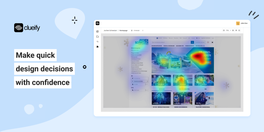 Heatmap analysis on Clueify platform for making quick, confident design decisions. Screenshot of a website's heatmap.