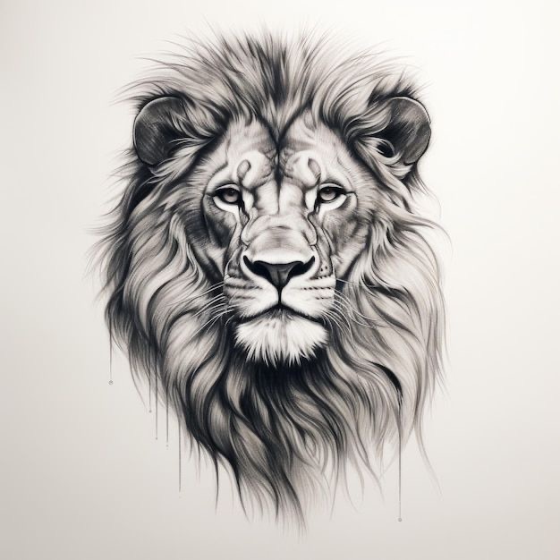 Illustrated lion head with detailed mane in black and white, showcasing strength and majesty. Realistic lion art drawing.