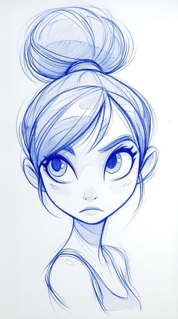 Sketch of a young girl with a bun hairstyle, large expressive eyes, and an inquisitive expression drawn in blue pencil.