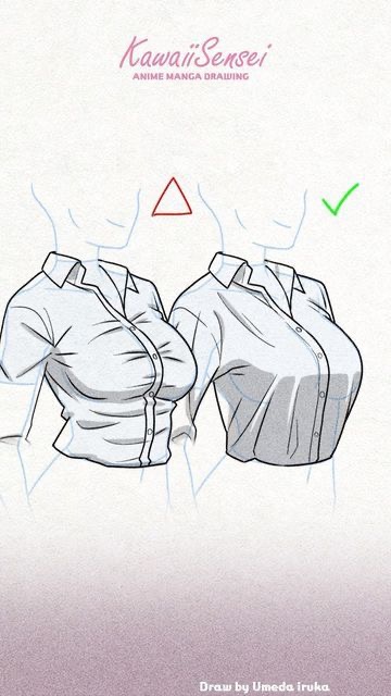 Anime shirt drawing tutorial showing incorrect and correct ways to draw folds and creases on clothing for manga characters.