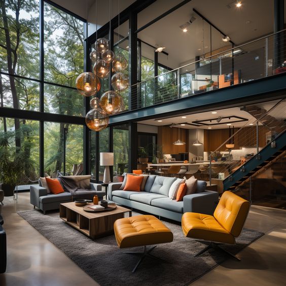 Modern open-concept living room with large windows, stylish furniture, and forest view. Featuring yellow chairs and unique lighting.