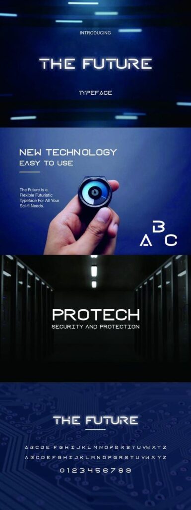 Futuristic typeface 'The Future': Introducing new technology, Protech security, stylish sci-fi design for all needs.