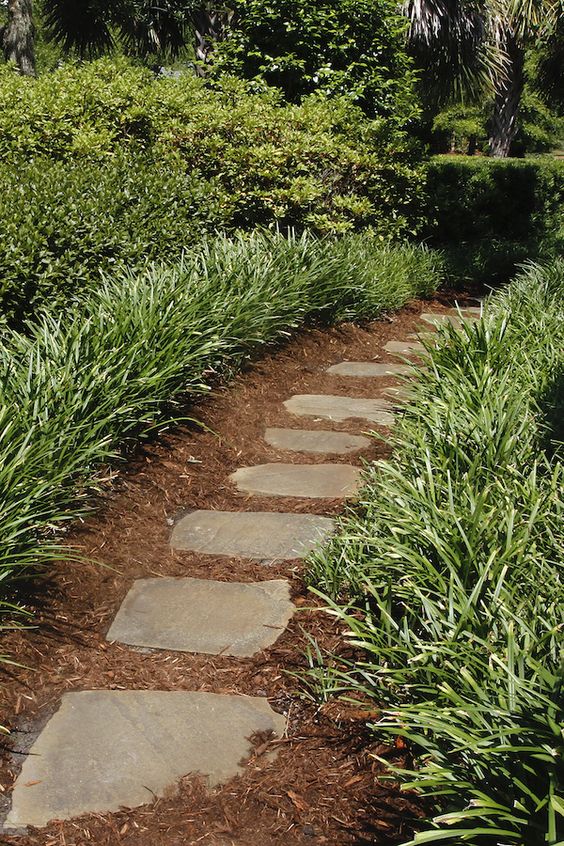 Stone path through lush, green garden with surrounding foliage, leading through a tranquil and serene natural setting.