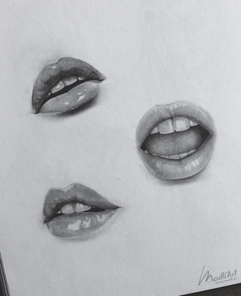Detailed pencil drawings of three different lip expressions on paper by ModliArt. Realistic graphite art.