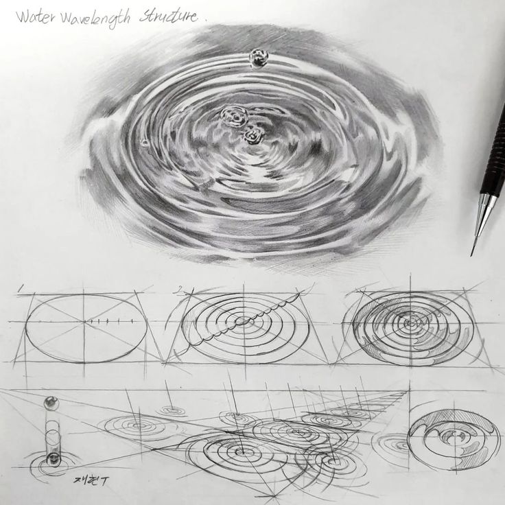 Hand-drawn water wave structure illustration with geometric sketches and ripples, showcasing intricate design and measurement details.