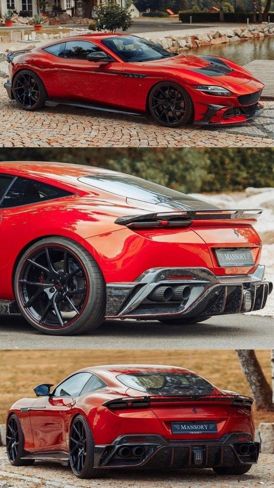 Red Mansory sports car with sleek, aerodynamic design in three angles, highlighting the rear view, exhaust, and rims.