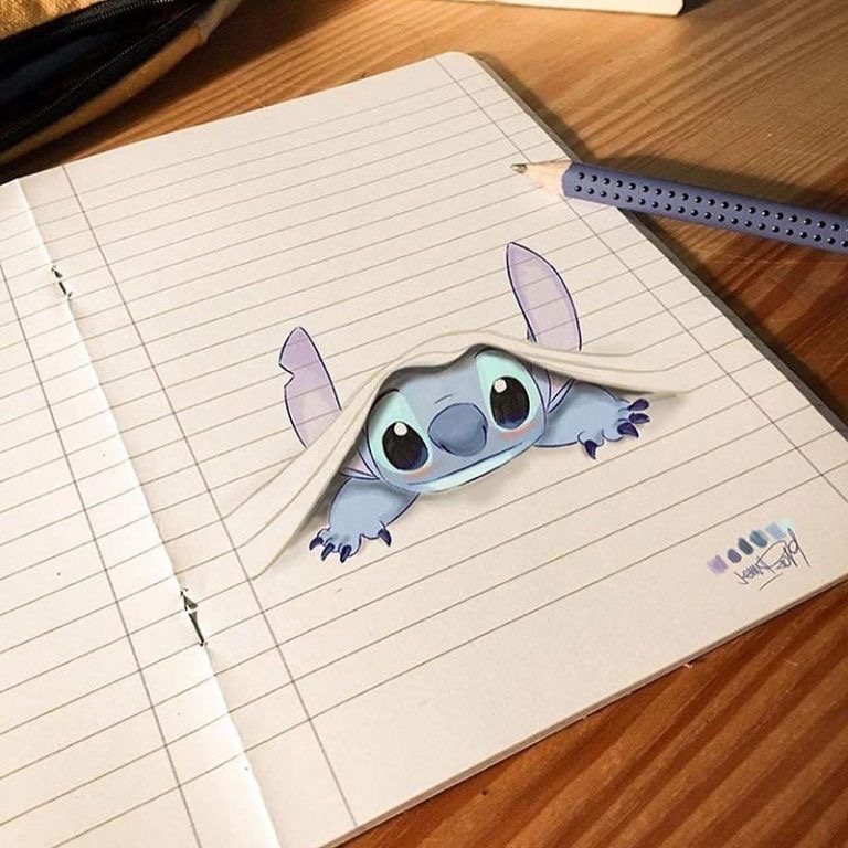 Stitch peeks through a notebook drawing on lined paper, bringing a touch of magic to an ordinary school supply.