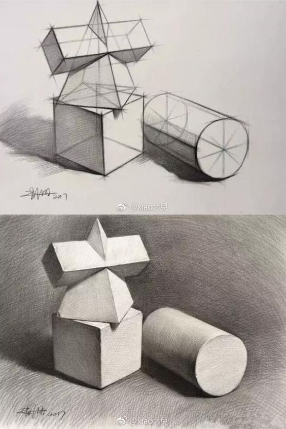 Two drawings: the top one features geometric shapes in a wireframe sketch, including a cube, cylinder, and star-like object. The bottom image depicts the same shapes with detailed shading.