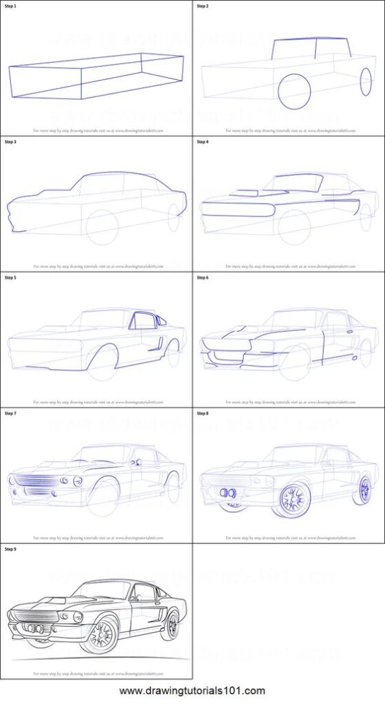 Step-by-step guide on how to draw a classic car from scratch, starting with basic shapes and progressing to detailed features.