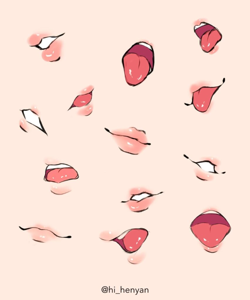 Various stylized lips and mouths sketches with different expressions, showing unique details of lips and tongues. Art by @hi_henyan.