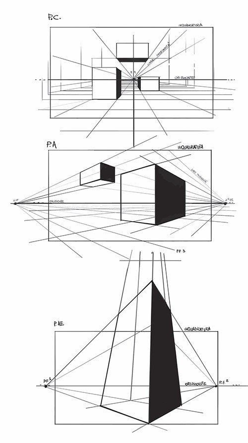 Three diagrams illustrating different perspective drawings with vanishing points, shapes, and grid lines. Each diagram showcases a geometrical figure in a three-dimensional space.