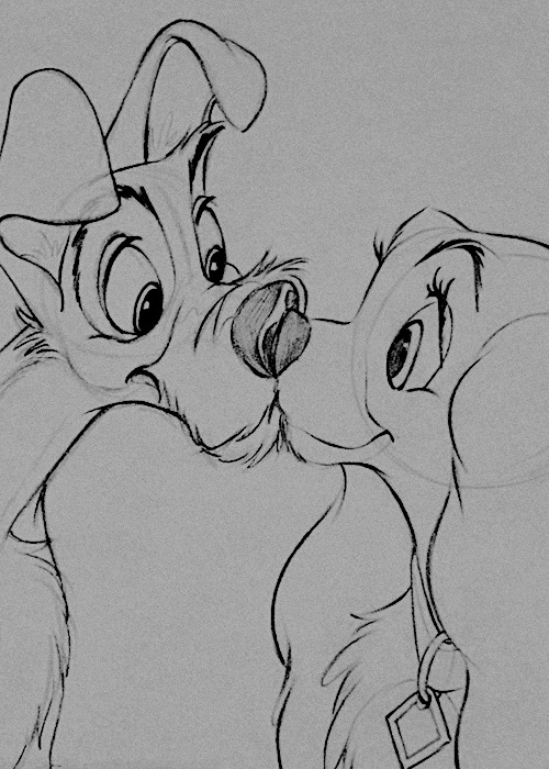 Sketch of two animated dogs touching noses, from the classic Disney movie Lady and the Tramp.