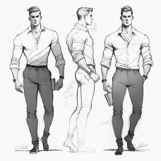 Detailed character design sketch of a stylish man in a white shirt and trousers from front, side, and back views.