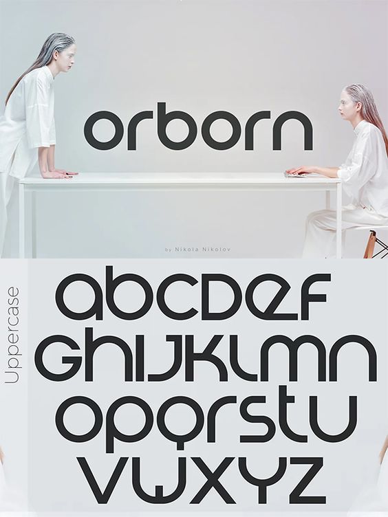 Minimalist font Orborn displayed with uppercase alphabet letters, two people in white outfits at a table.