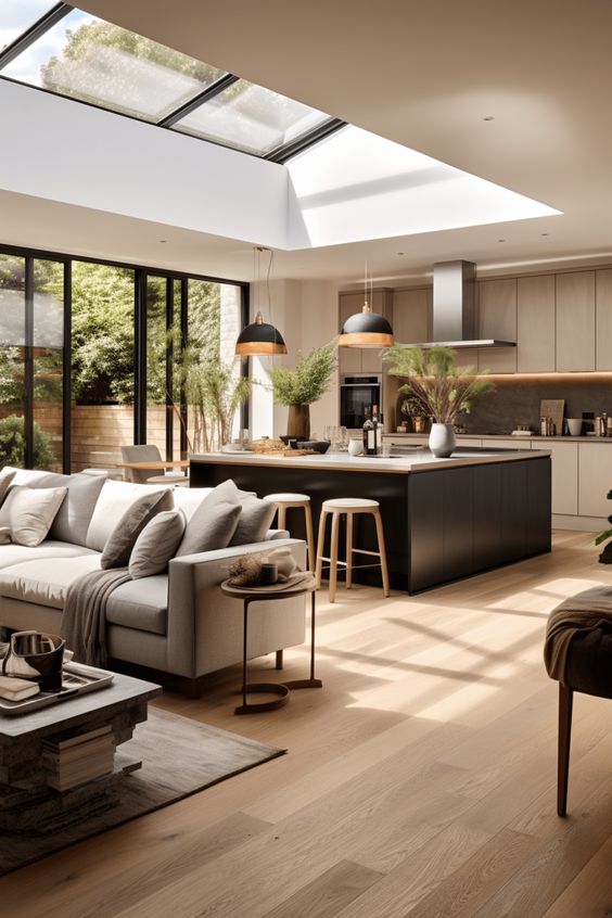 Modern open-plan kitchen and living room with skylight, island, sofa, and plants, bathed in natural light.