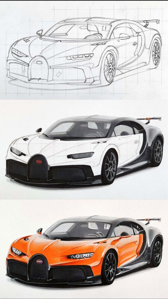 Three stages of a sports car drawing process: initial sketch, partially colored, and fully colored with an orange body.