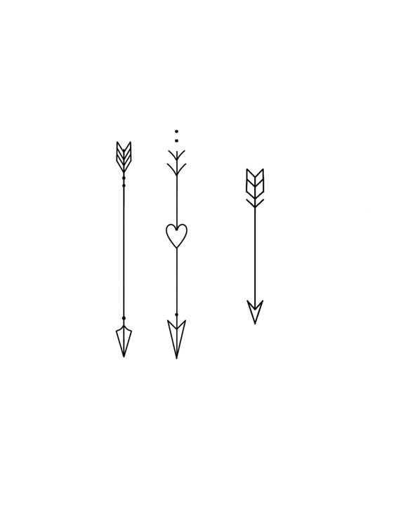 Three minimalist arrow line drawings, one with a heart in the center, on a white background. Modern tattoo design.