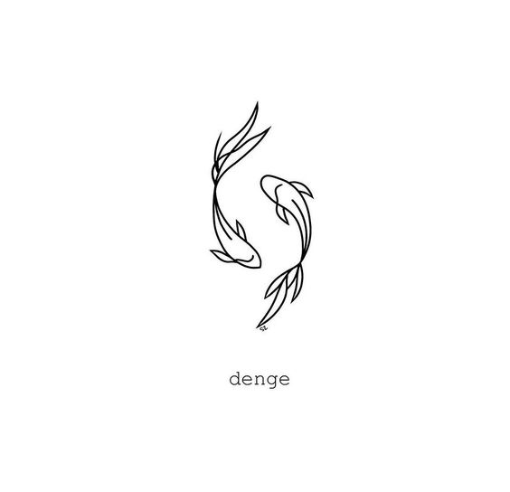 Minimalist yin yang koi fish drawing with denge text, symbolizing balance and harmony. Black and white design on a white background.