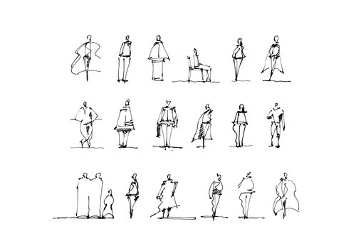 Minimalist ink sketches of 18 fashion figures in various poses, showcasing different clothing styles and stances.