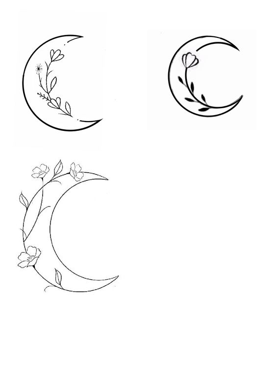 Delicate floral crescent moon designs, including dandelion and flower motifs, ideal for tattoos or artistic inspiration.