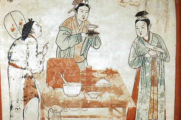 Ancient Chinese painting of three figures interacting around a table with bowls, showcasing traditional clothing and culture.