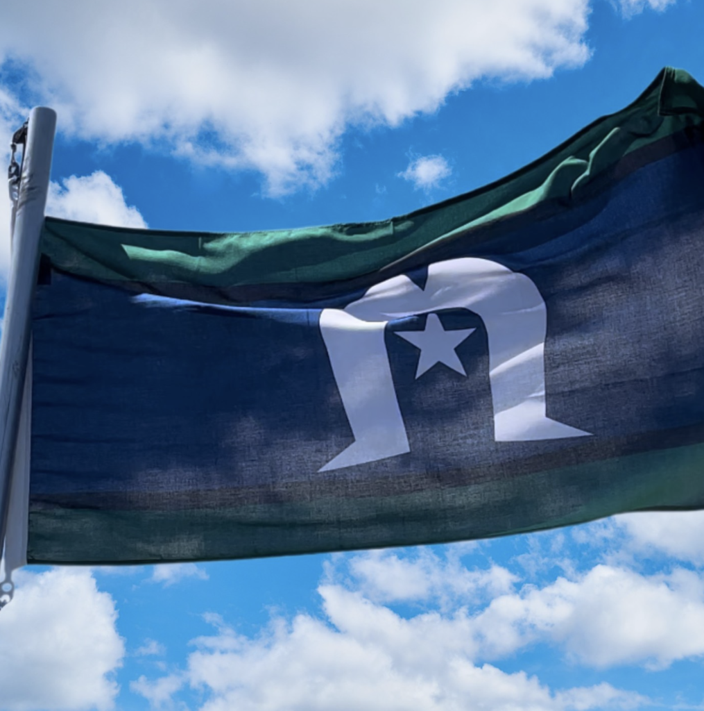 Flag of Torres Strait Islanders waving under a blue sky with clouds, showcasing their cultural symbol and colors.