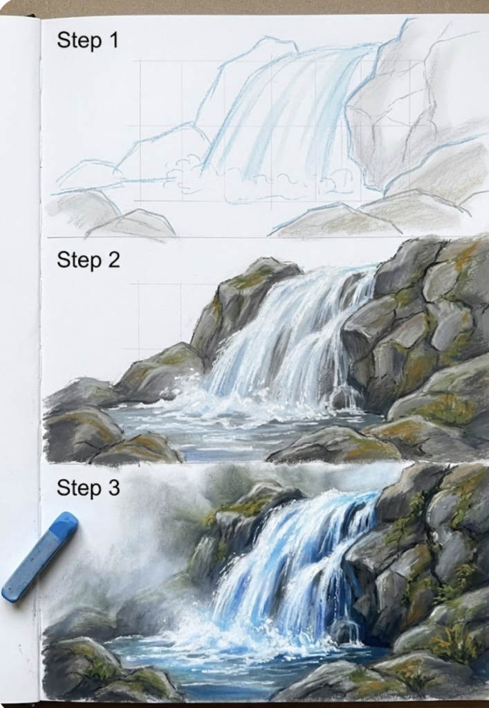 Step-by-step waterfall drawing tutorial in pastels: initial sketch, shaded rocks, and finished vibrant cascading water over a rocky pool.