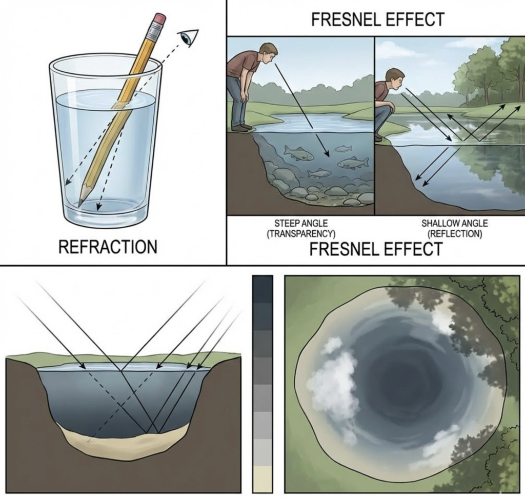 Diagram of refraction and Fresnel effect: pencil in glass, light rays showing transparency vs reflection on a pond with dark-center illusion