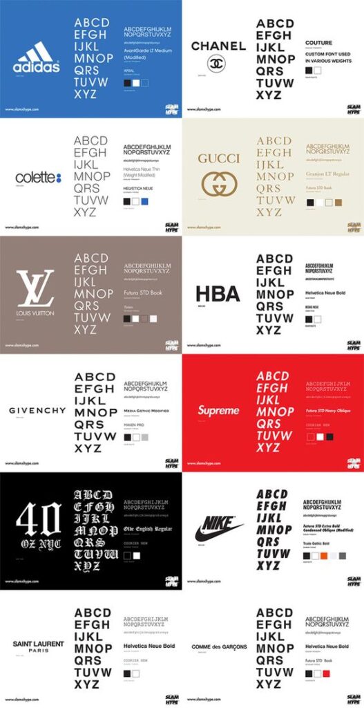 Typography comparisons of popular brands including Adidas, Chanel, Gucci, Louis Vuitton, Supreme, Nike, and more.