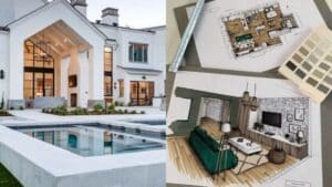 Modern home exterior with pool alongside interior design plans and floor layout, showcasing stylish architecture and decor ideas.