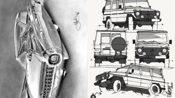 Black and white sketches of classic cars, featuring top-down designs and detailed multi-view blueprints of a vintage SUV.