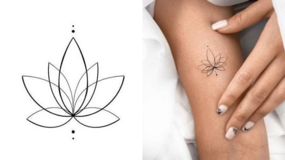 Minimalist lotus flower tattoo design on paper and applied on forearm; clean black lines, small size, elegant and simple.