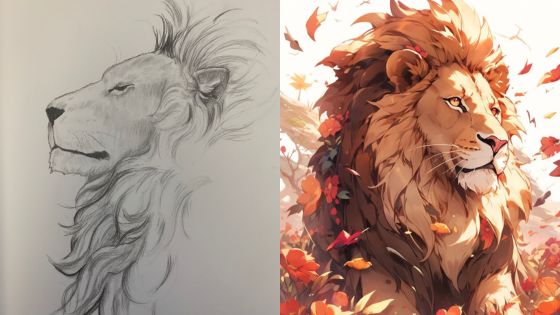 Side-by-side comparison of a lion sketch and a detailed digital lion illustration amidst autumn leaves.