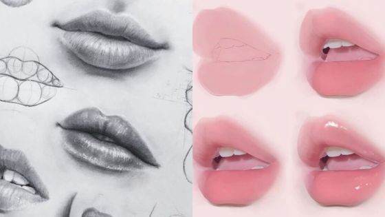 Comparison of pencil sketches and digital art of lips, showcasing both grayscale drawing and glossy pink rendered lips.