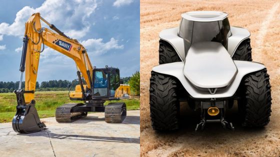 Yellow excavator and futuristic white agricultural vehicle side by side, showcasing industrial and modern farming machinery.