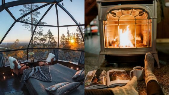 Cozy cabin retreat: Scenic glass dome bedroom and feet by a warm fireplace with a book and coffee, perfect getaway.