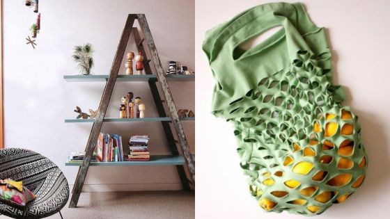 A-frame shelf with books and toys beside a green reusable mesh bag holding lemons, showcasing home decor and eco-friendly living.