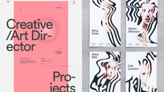 Modern design portfolio showcasing Creative/Art Director's projects with stylized portraits on the right.