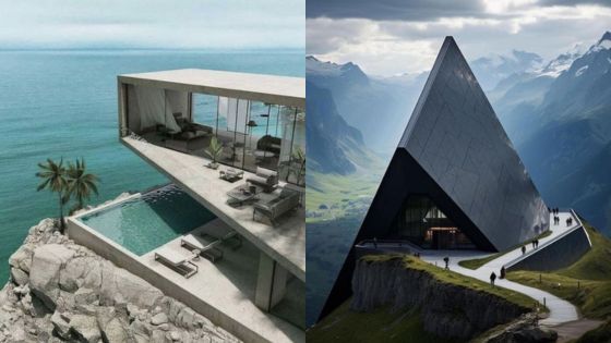 A modern cliffside house with a pool overlooking the ocean (left) and a futuristic pyramid-shaped building in a mountain landscape (right).